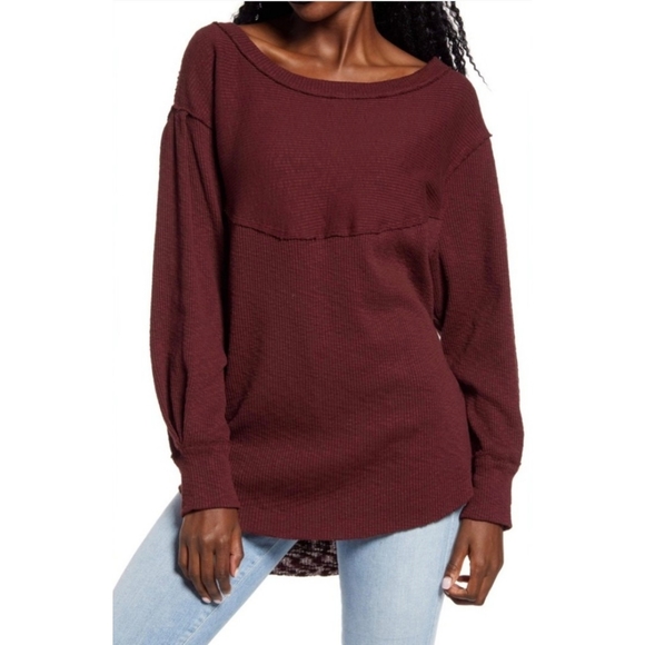 Unavailable. NWOT FREE PEOPLE OG Volume Sleeves Thermal Pullover in Cherry Cola - Picture 2 of 12